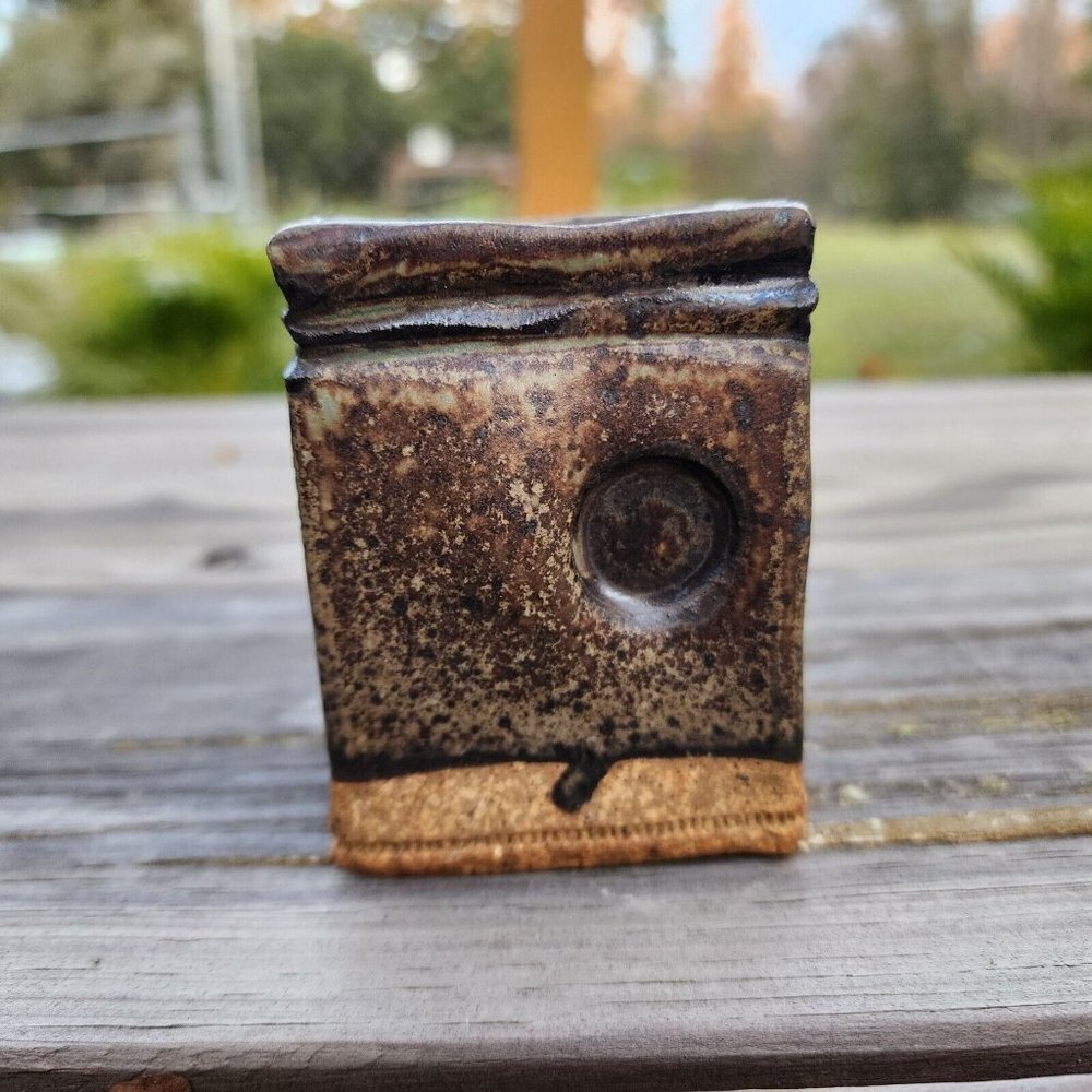 Small Square Pottery Vase Questers Dearborn 1980 Powell‎ Brown Pen Holder